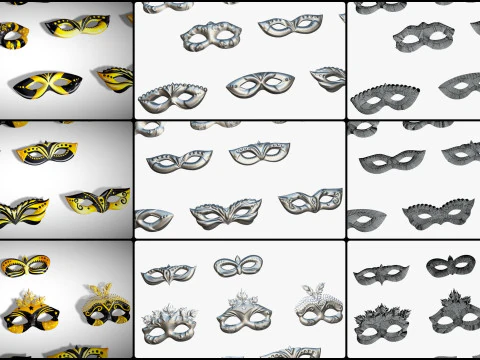 13 Golden Black Metal Mask Pack - Designer Masks - Stylized Party Masks Set 3D Model