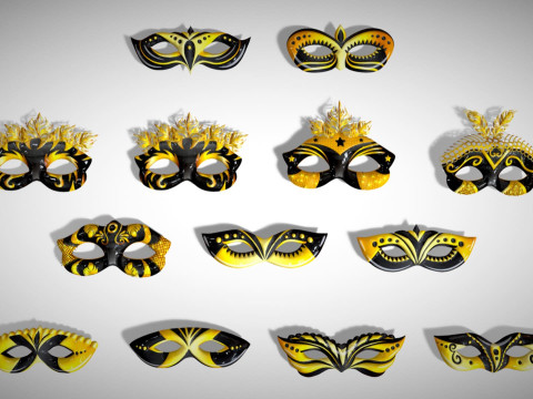 13 Golden Black Metal Mask Pack - Designer Masks - Stylized Party Masks Set Modèle 3D