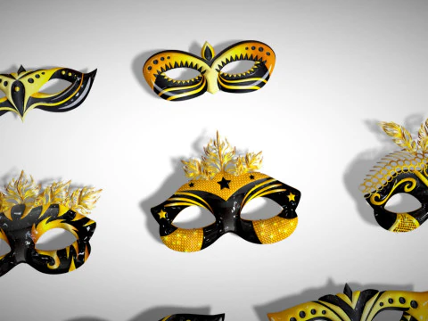 13 Golden Black Metal Mask Pack - Designer Masks - Stylized Party Masks Set 3D Model
