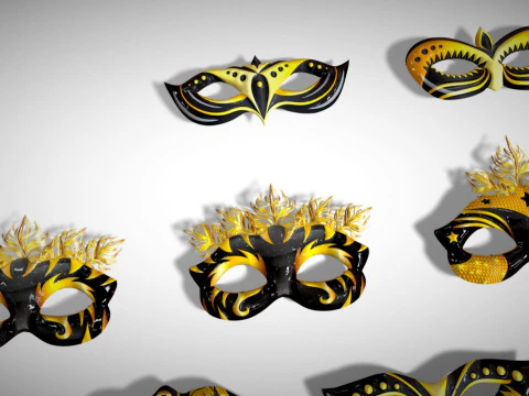 13 Golden Black Metal Mask Pack - Designer Masks - Stylized Party Masks Set 3D Model