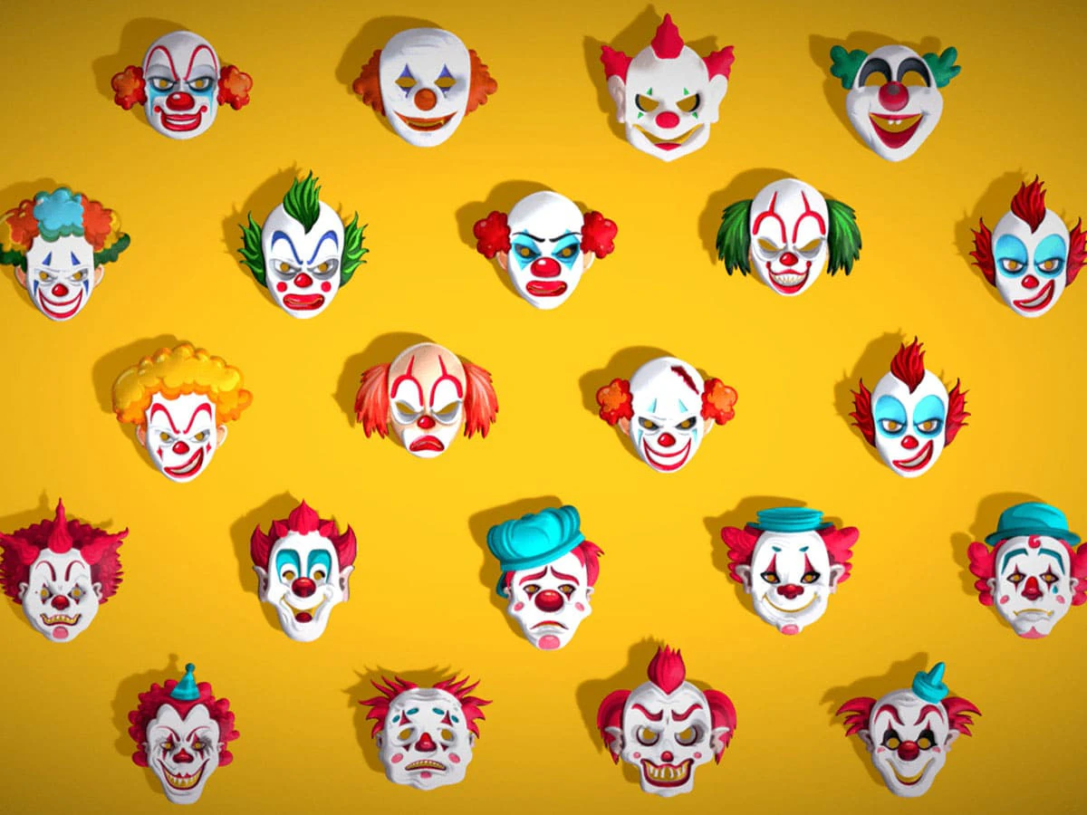 22 It Joker Horror Evil Masks Pack - Kids Evil Fantasy - Stylized Party Mask 3D Model .c4d .max .obj .3ds .fbx .stl .blend 