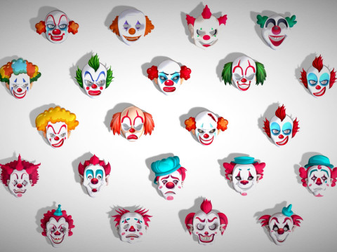 22 It Joker Horror Evil Masks Pack - Kids Evil Fantasy - Stylized Party Mask Model 3D