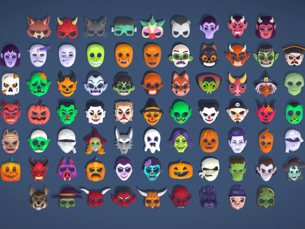 73 Halloween Masks Pack Toon Horror Ghosts Evil Fantasy - Ultimate Collection 3D Model .c4d .max .obj .3ds .fbx .stl .blend 
