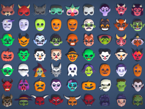 73 Halloween Masks Pack Toon Horror Ghosts Evil Fantasy - Ultimate Collection Modelo 3D