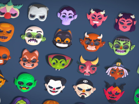 73 Halloween Masks Pack Toon Horror Ghosts Evil Fantasy - Ultimate Collection Modelo 3D
