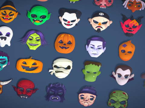 73 Halloween Masks Pack Toon Horror Ghosts Evil Fantasy - Ultimate Collection Modelo 3D