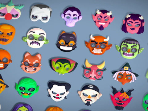 73 Halloween Masks Pack Toon Horror Ghosts Evil Fantasy - Ultimate Collection Modelo 3D
