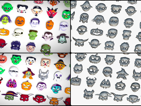 73 Halloween Masks Pack Toon Horror Ghosts Evil Fantasy - Ultimate Collection Modelo 3D