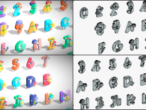 Toon Alphabets Numbers - Low Poly Cartoon Pack 1 - Kids Learning 3D Assets 3D 模型