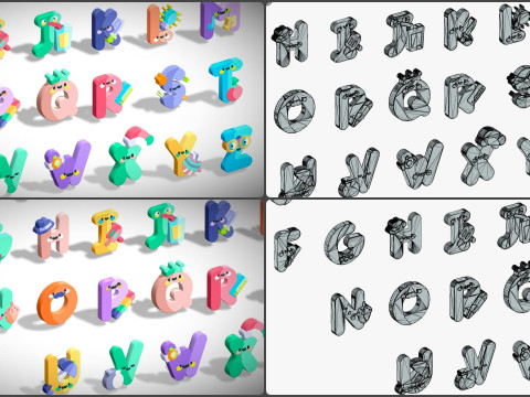 Toon Alphabets Numbers - Low Poly Cartoon Pack 1 - Kids Learning 3D Assets 3D 模型