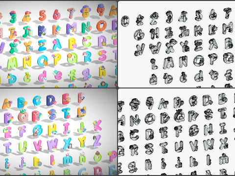 Toon Alphabets Numbers Mega Pack - Low Poly Cartoon Pack - Kids Learning Kit 3D Model