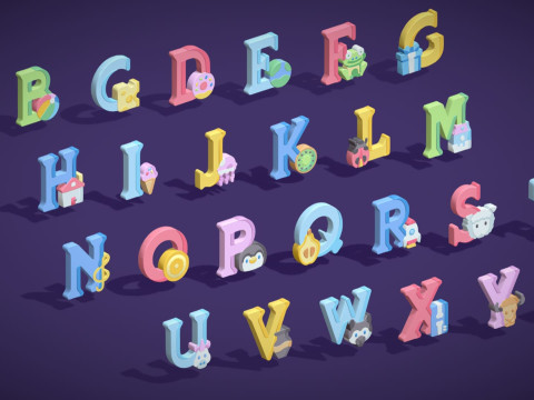Toon Alphabets - Low Poly Cartoon Pack 4 - Kids Learning 3D Assets - Letters Model 3D