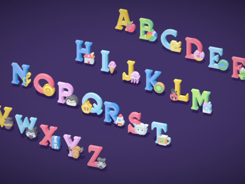 Toon Alphabets - Low Poly Cartoon Pack 4 - Kids Learning 3D Assets - Letters Model 3D