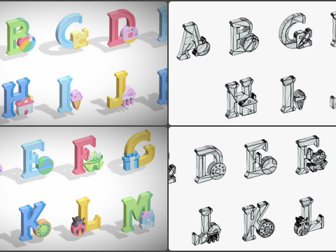 Toon Alphabets - Low Poly Cartoon Pack 4 - Kids Learning 3D Assets - Letters Model 3D