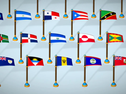 America Countries Flags Pack Toon Style Low Poly 3D Model