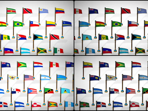 America Countries Flags Pack Toon Style Low Poly 3D Model