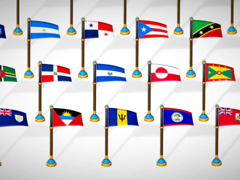 America Countries Flags Pack Toon Style Low Poly 3D Model