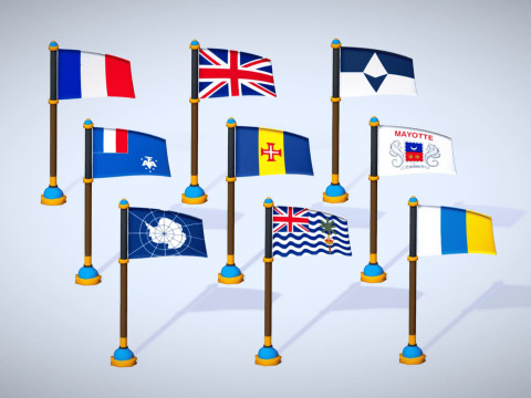 Antarktika Ülkelerinin Bayrakları Paketi Toon Tarzı Düşük Poli Antarktika Bölgesi 3D Model