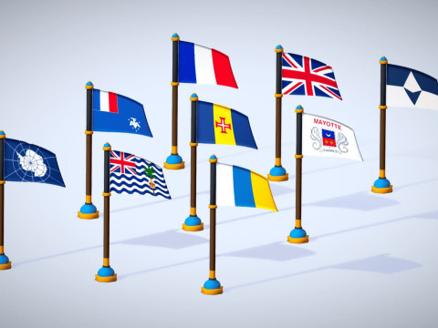 Antarktika Ülkelerinin Bayrakları Paketi Toon Tarzı Düşük Poli Antarktika Bölgesi 3D Model