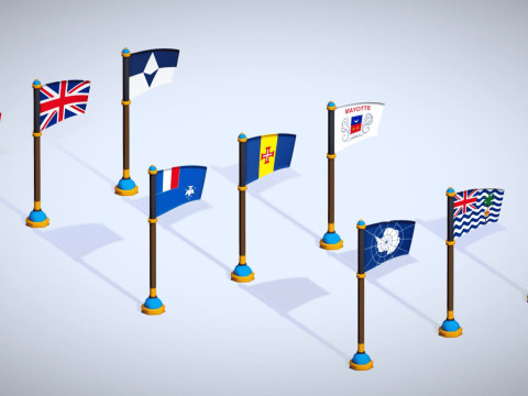 Antarktika Ülkelerinin Bayrakları Paketi Toon Tarzı Düşük Poli Antarktika Bölgesi 3D Model