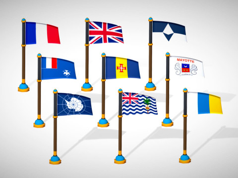 Antarktika Ülkelerinin Bayrakları Paketi Toon Tarzı Düşük Poli Antarktika Bölgesi 3D Model