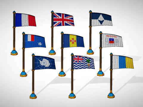 Antarktika Ülkelerinin Bayrakları Paketi Toon Tarzı Düşük Poli Antarktika Bölgesi 3D Model