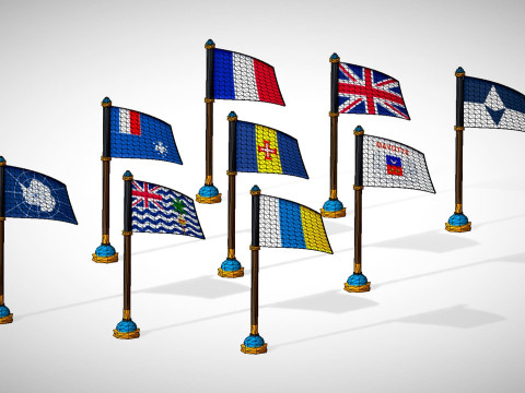 Antarktika Ülkelerinin Bayrakları Paketi Toon Tarzı Düşük Poli Antarktika Bölgesi 3D Model