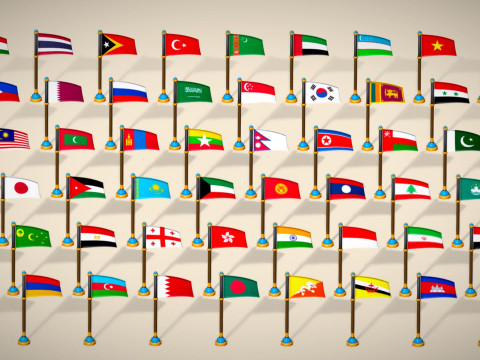 Pakiet flag krajów Azji — pakiet Low Poly w stylu Toon Model 3D