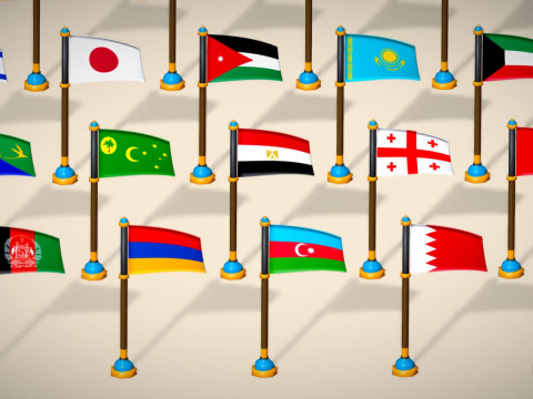 Pakiet flag krajów Azji — pakiet Low Poly w stylu Toon Model 3D