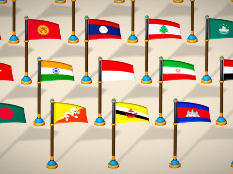 Pakiet flag krajów Azji — pakiet Low Poly w stylu Toon Model 3D
