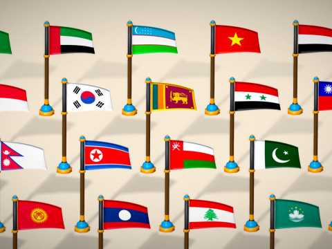Pakiet flag krajów Azji — pakiet Low Poly w stylu Toon Model 3D