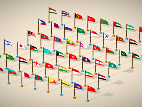 Pakiet flag krajów Azji — pakiet Low Poly w stylu Toon Model 3D