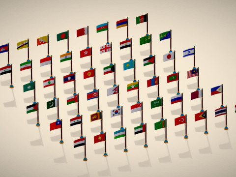 Pakiet flag krajów Azji — pakiet Low Poly w stylu Toon Model 3D
