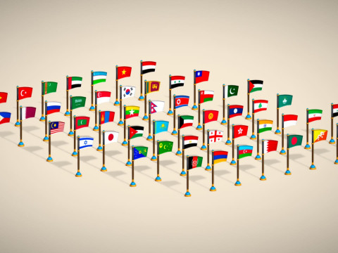 Pakiet flag krajów Azji — pakiet Low Poly w stylu Toon Model 3D