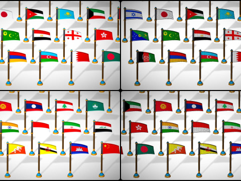 Pakiet flag krajów Azji — pakiet Low Poly w stylu Toon Model 3D