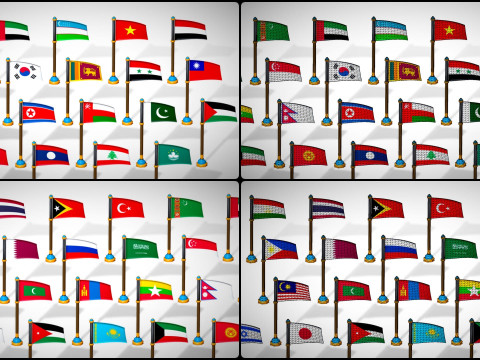 Pakiet flag krajów Azji — pakiet Low Poly w stylu Toon Model 3D
