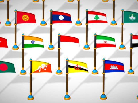 Pakiet flag krajów Azji — pakiet Low Poly w stylu Toon Model 3D