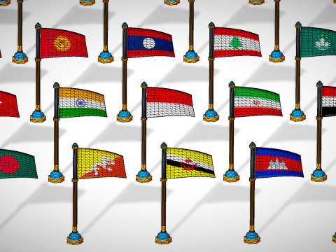 Pakiet flag krajów Azji — pakiet Low Poly w stylu Toon Model 3D