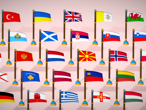 Pakiet flag krajów Europy w stylu Toon Low Poly Model 3D
