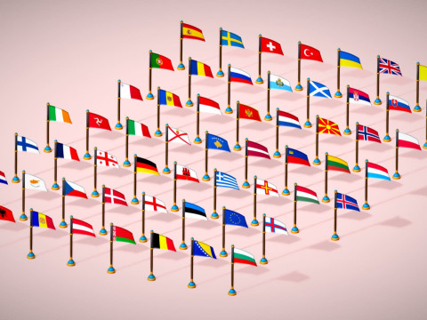 Pakiet flag krajów Europy w stylu Toon Low Poly Model 3D