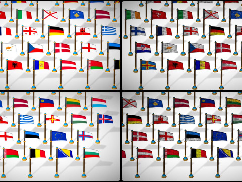 Pakiet flag krajów Europy w stylu Toon Low Poly Model 3D