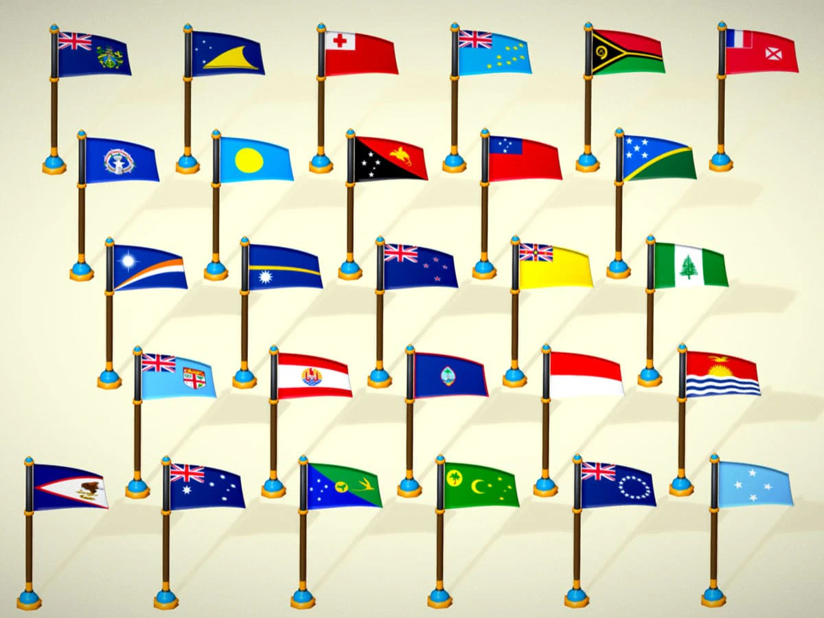 Oceania Countries Flags Pack Toon Style Low Poly Australian Region 3D Model .c4d .max .obj .3ds .fbx .stl .blend