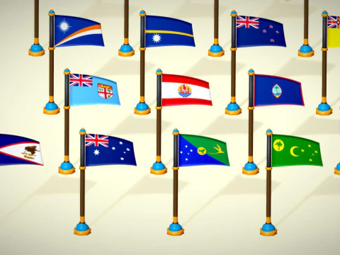 Oceania Countries Flags Pack Toon Style Low Poly Australian Region 3D Model