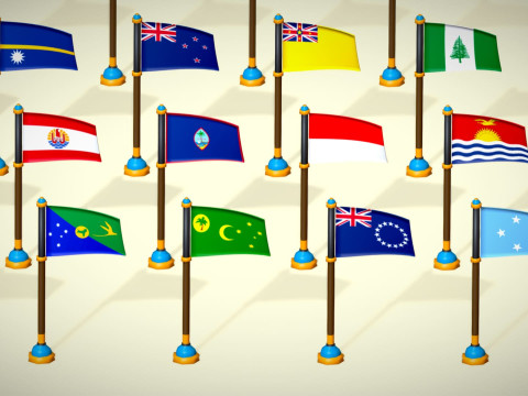 Paquete Banderas Países Oceanía Estilo Toon Región Australiana Low Poly Modelo 3D