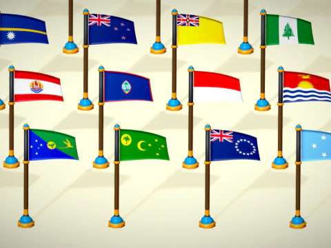 Oceania Countries Flags Pack Toon Style Low Poly Australian Region 3D Model