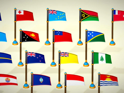 Oceania Countries Flags Pack Toon Style Low Poly Australian Region 3D Model