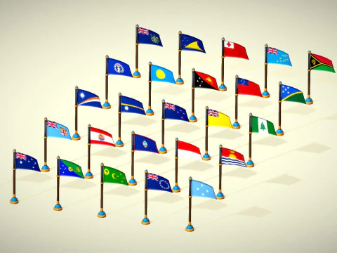 Oceania Countries Flags Pack Toon Style Low Poly Australian Region 3D Model