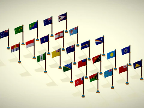 Oceania Countries Flags Pack Toon Style Low Poly Australian Region 3D Model