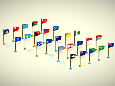 Oceania Countries Flags Pack Toon Style Low Poly Australian Region 3D Model