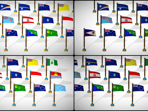 Paquete Banderas Países Oceanía Estilo Toon Región Australiana Low Poly Modelo 3D